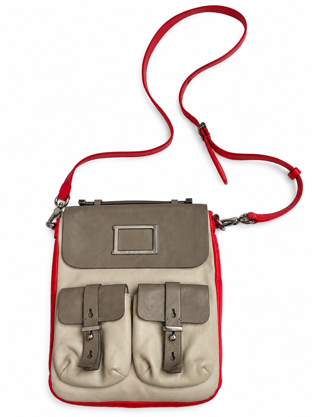 Marc by Marc Jacobs Two-Tone Leather Crossbody Bag Red Gray Cream Vintage Y2K - Picture 2 of 12